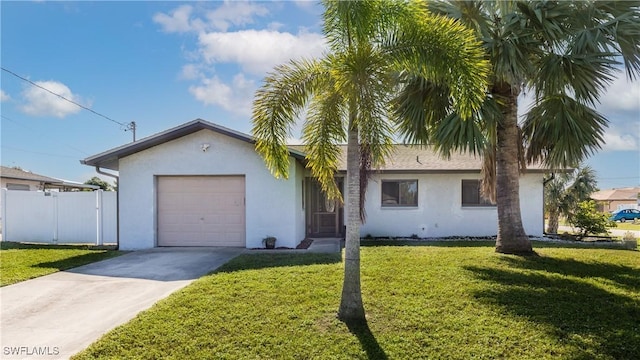 ranch-style home with a front yard and a garage