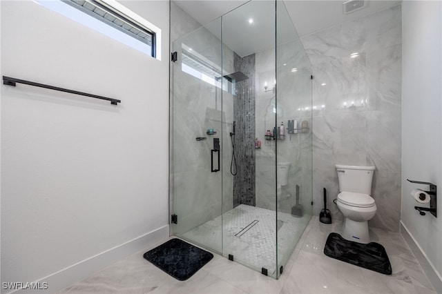 bathroom featuring visible vents, a marble finish shower, baseboards, toilet, and marble finish floor