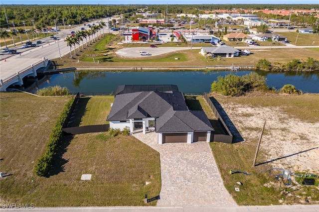 drone / aerial view with a water view