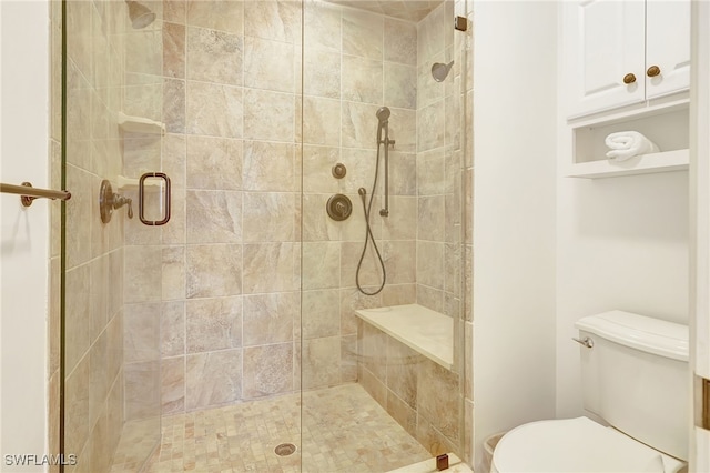 bathroom featuring toilet and a shower with door