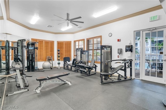 gym with ceiling fan and ornamental molding