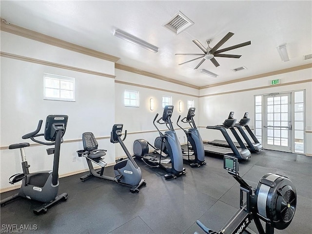 exercise room with a wealth of natural light, ceiling fan, and ornamental molding