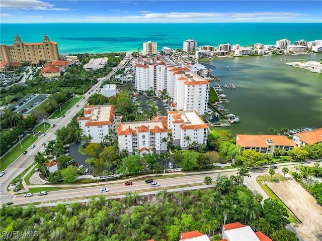 drone / aerial view featuring a water view