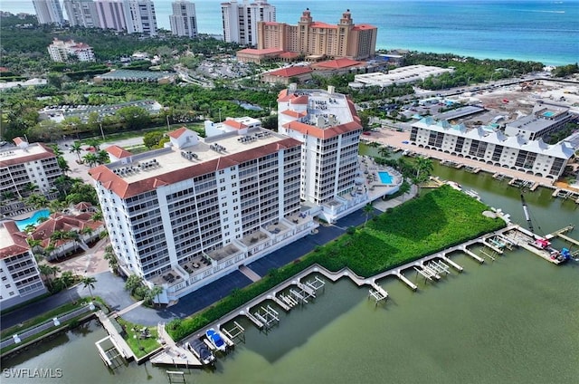 bird's eye view with a water view