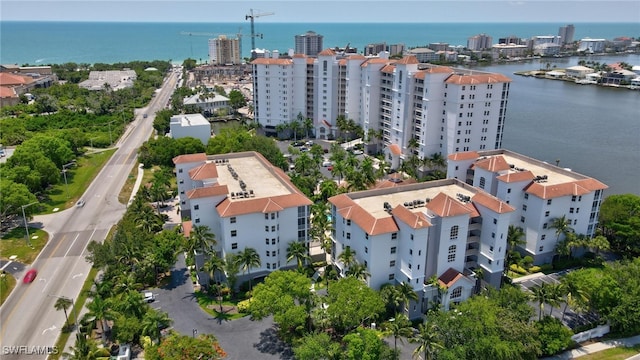 drone / aerial view with a water view