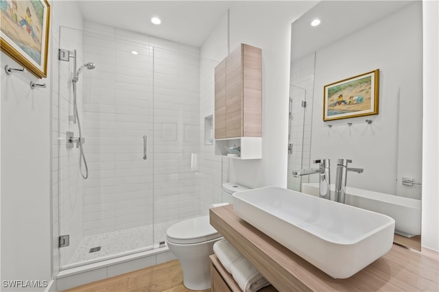 bathroom featuring sink, an enclosed shower, and toilet