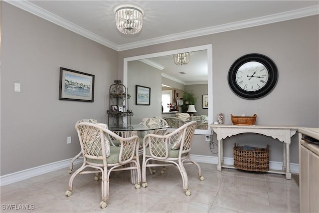 dining room featuring crown molding, light tile patterned floors, and an inviting chandelier