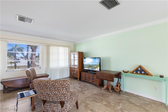 living room with crown molding