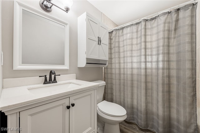 bathroom with vanity, hardwood / wood-style flooring, a shower with curtain, and toilet