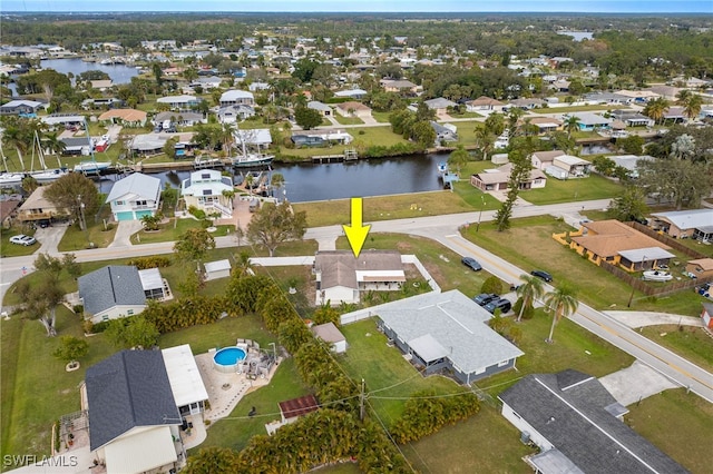 drone / aerial view featuring a water view