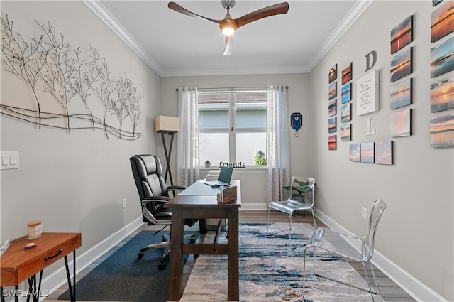 office space featuring ceiling fan, wood-type flooring, and ornamental molding