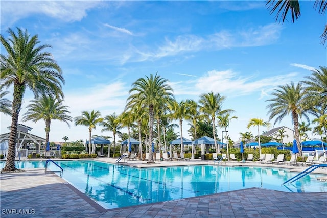 view of swimming pool featuring a patio area