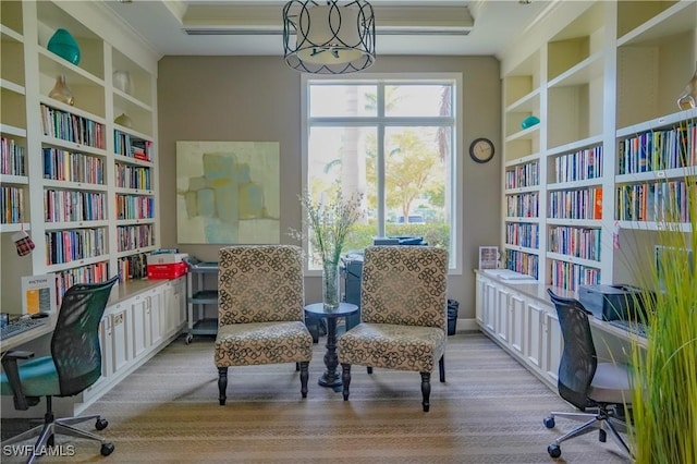 sitting room featuring built in shelves and light hardwood / wood-style flooring