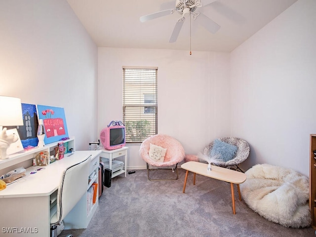 carpeted office with ceiling fan