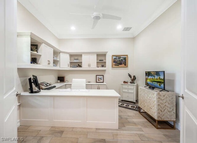 office area with a ceiling fan, recessed lighting, visible vents, and crown molding