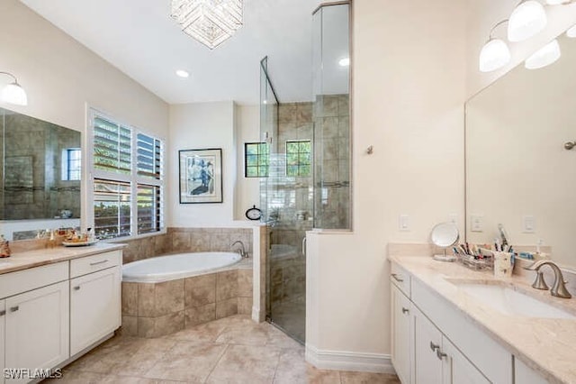full bathroom with two vanities, a stall shower, a sink, a bath, and tile patterned floors