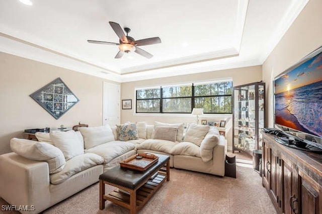 living area with light carpet, a tray ceiling, and ornamental molding