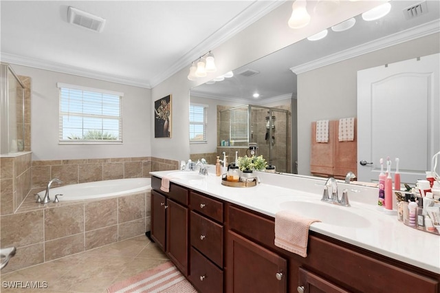 bathroom with tile patterned flooring, vanity, a healthy amount of sunlight, and ornamental molding