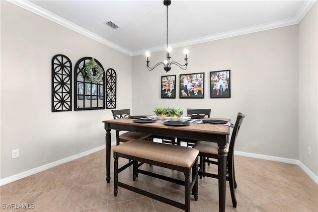 tiled dining space with ornamental molding and an inviting chandelier