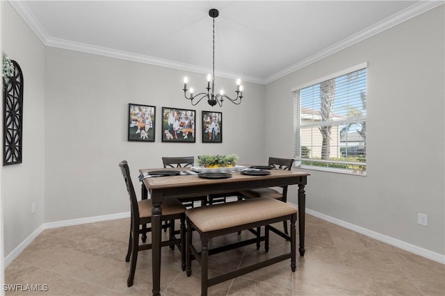 tiled dining area with crown molding and an inviting chandelier