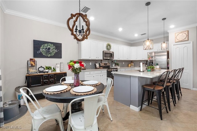 kitchen with pendant lighting, backsplash, white cabinets, an island with sink, and stainless steel appliances