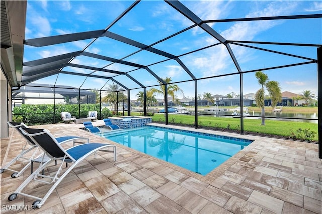 view of swimming pool featuring an in ground hot tub, a lanai, a water view, and a patio area