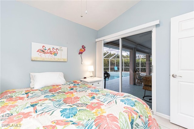 bedroom featuring vaulted ceiling and access to exterior