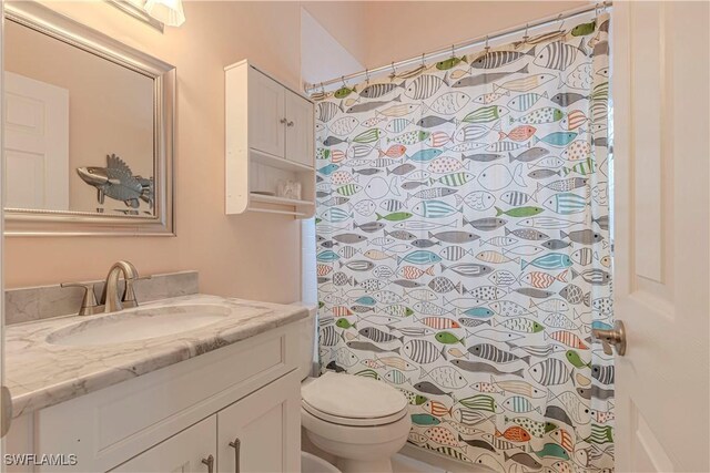 bathroom featuring toilet, vanity, and a shower with curtain