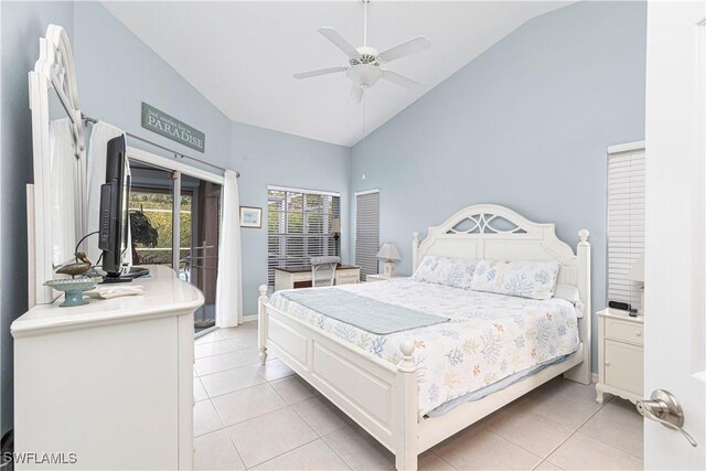 bedroom featuring ceiling fan, access to exterior, high vaulted ceiling, and light tile patterned flooring