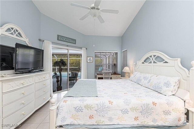 bedroom featuring ceiling fan, access to exterior, light tile patterned flooring, and vaulted ceiling