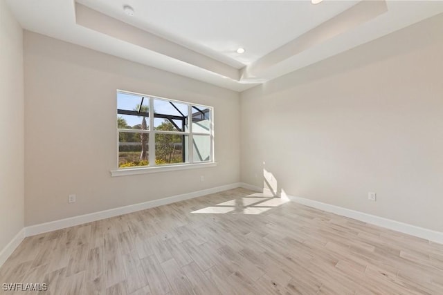 empty room with a raised ceiling and light hardwood / wood-style floors