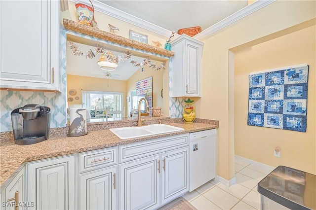 kitchen with white cabinetry, dishwasher, sink, light tile patterned flooring, and ornamental molding