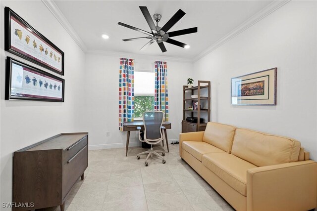 tiled office featuring ceiling fan and ornamental molding