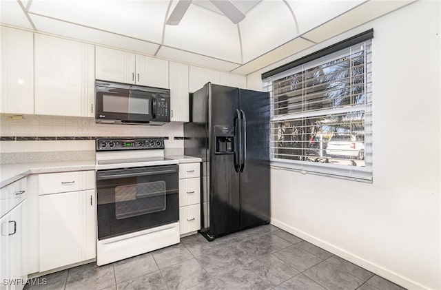 kitchen with backsplash, ceiling fan, black appliances, light tile patterned floors, and white cabinets