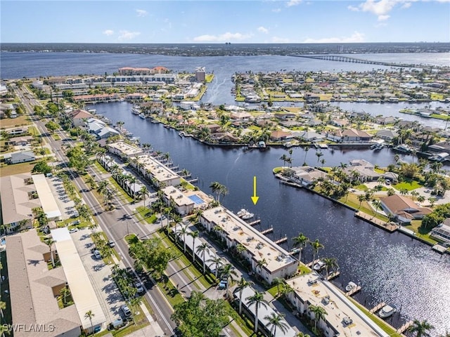 drone / aerial view featuring a water view