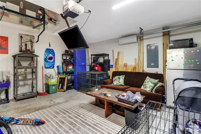 garage with a garage door opener, white refrigerator, electric panel, and a wall unit AC