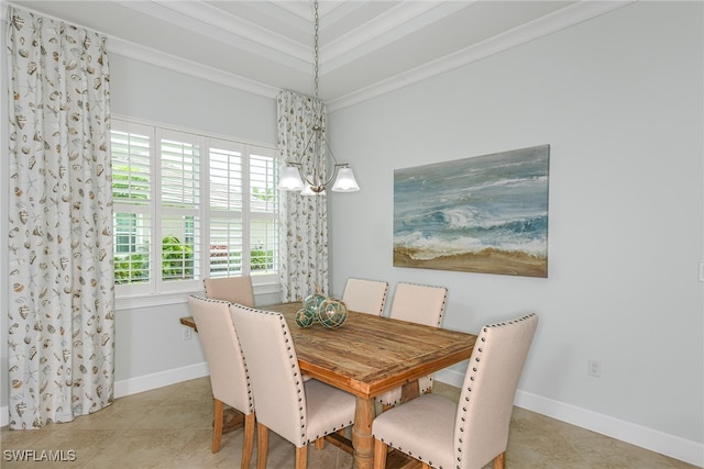 dining area featuring an inviting chandelier, light tile patterned floors, and ornamental molding