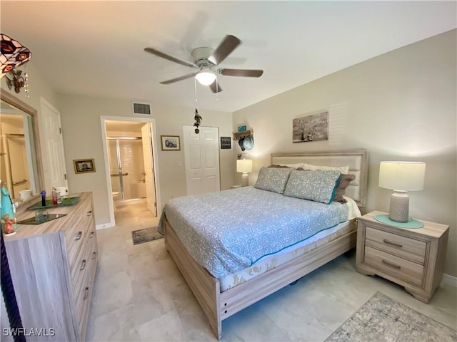 bedroom with connected bathroom and ceiling fan