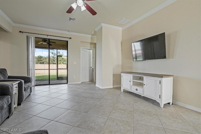 tiled living room with ornamental molding