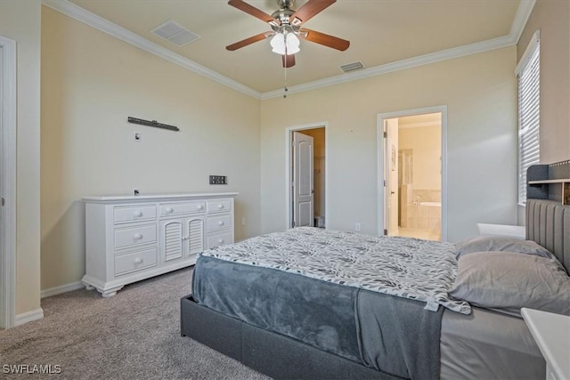 carpeted bedroom with ensuite bath, ceiling fan, and ornamental molding