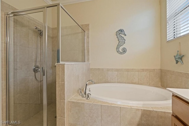 bathroom with separate shower and tub, crown molding, and vanity