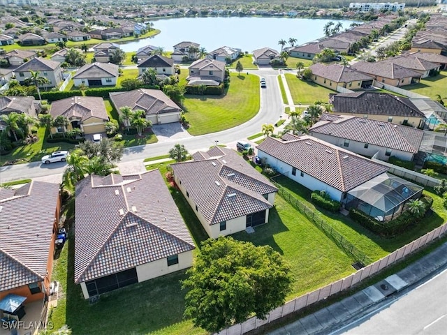 aerial view featuring a water view