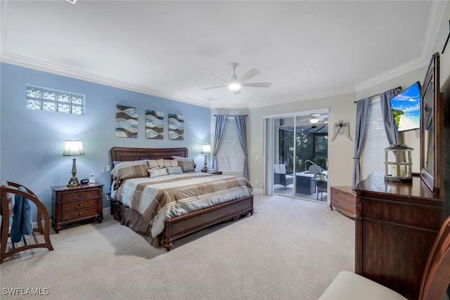 carpeted bedroom with access to exterior, ceiling fan, and ornamental molding