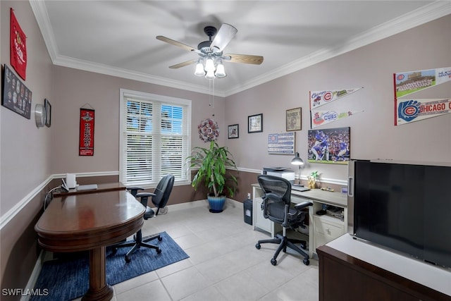 office space featuring ornamental molding, light tile patterned floors, baseboards, and a ceiling fan