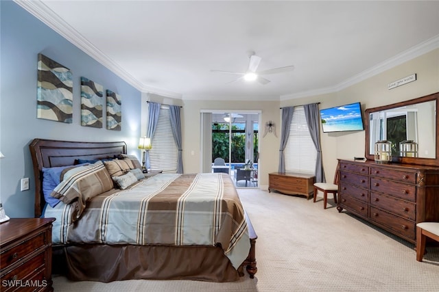 bedroom featuring access to exterior, light carpet, ornamental molding, and a ceiling fan