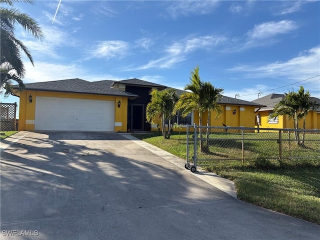 view of front of property with a front yard and a garage