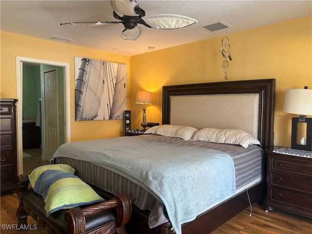 bedroom with ceiling fan and wood-type flooring