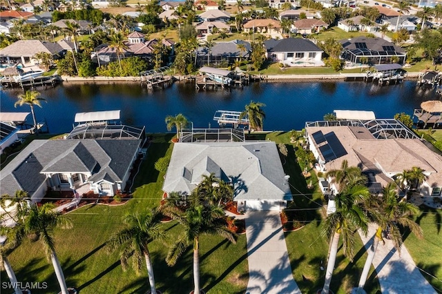 drone / aerial view with a water view