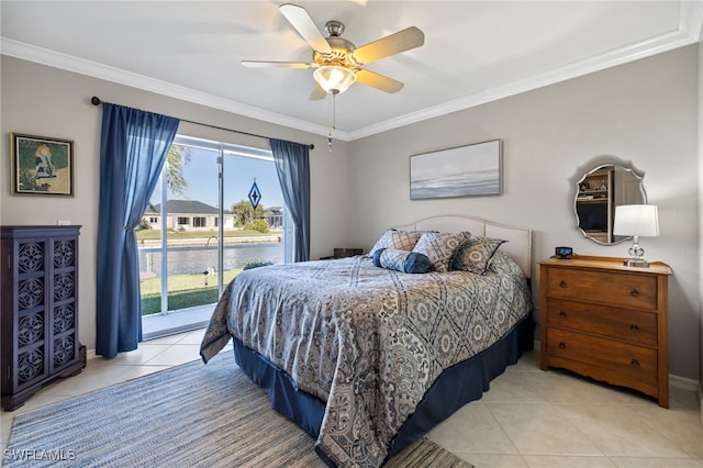 tiled bedroom with ceiling fan, crown molding, and access to exterior