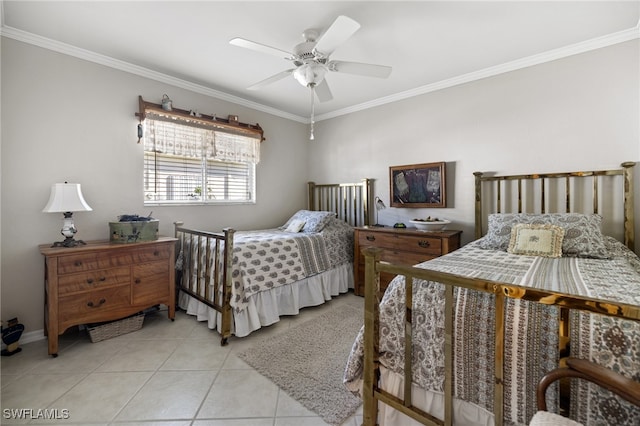 bedroom with light tile patterned flooring, ceiling fan, and ornamental molding